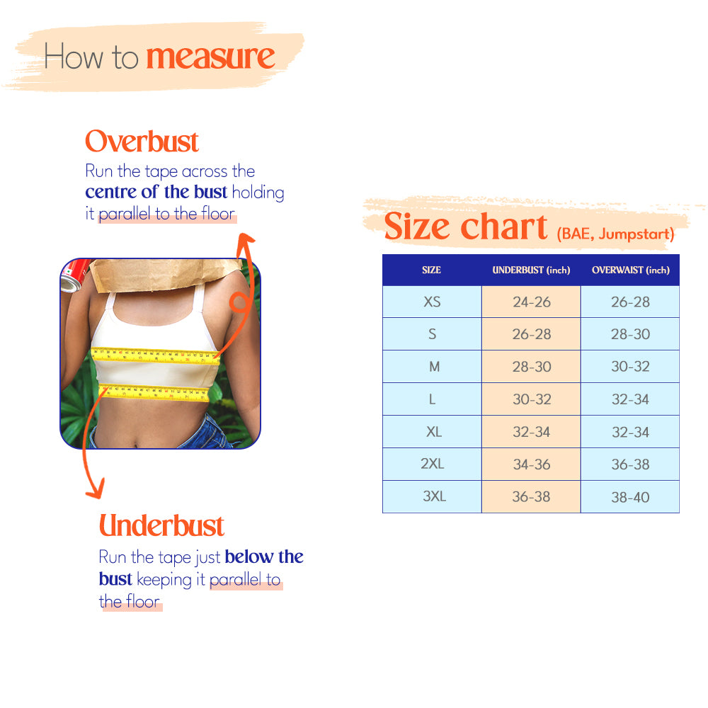 Measurement guide for overbust and underbust with a size chart on a white background