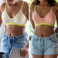 Two images of women wearing Qiwion Mood Youth Bra in a cream and neon colour, and another in a light pink and neon colour. These are padded bras, non-wired