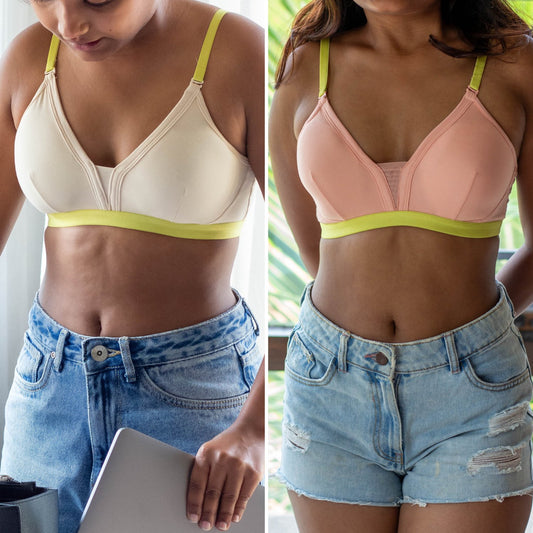 Two images of women wearing Qiwion Mood Youth Bra in a cream and neon colour, and another in a light pink and neon colour. These are padded bras, non-wired