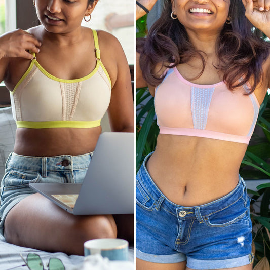 A split-screen comparison showing two women wearing different colours of Qiwion's BAE. The girl on the left is in BAE in Vanilla Neon, and the Girl on the right is in BAE Tanglow