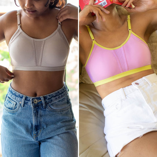 Two images side by side showing a beige qiwion bra and a pink qiwion bra with yellow trim.