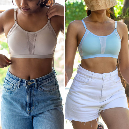 A side-by-side comparison of two women wearing wireless BAE bra. The left model wears a beige it in beige, whereas the model on the right wears it in light blue.