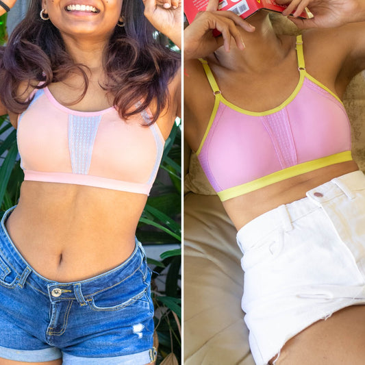 Two images of a woman wearing a pink qiwion bra with yellow straps, one wearing peach bra