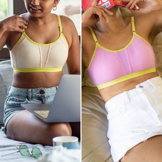 Two images of a woman wearing qiwion bras and shorts, one with a laptop and sunglasses on a bed, the other sitting on a couch.