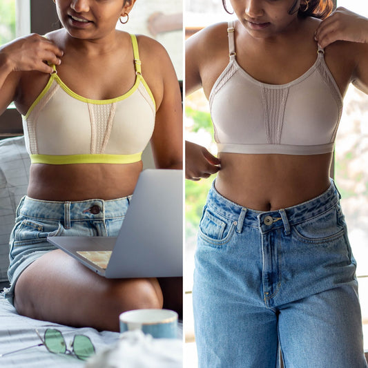 A side-by-side comparison of a woman wearing a wireless bra. The left panel shows her sitting indoors with a laptop, wearing Qiwion BAE Vanilla Neon, and the one on the right is wearing Qiwion BAE Moondust