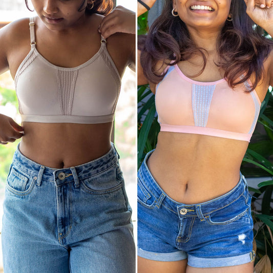 Side-by-side comparison of two women wearing wireless Qiwion BAE. The left model wears a beige (Moondust) bralette while the one on the right wears it in a light pink (tanglow)shade.