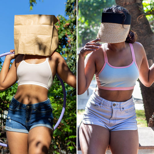 Two images of a person outdoors, one with a paper bag over their head and another with a straw visor. Each are wearing Qiwion Jumpstart bra in grey, and blue