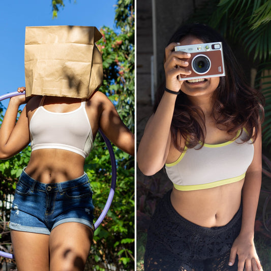 Two images side by side; one with a person holding a paper bag over their head outdoors, the other with a person holding a camera up to their face indoors. Each wearing qiwion jumpstart bra in different colours
