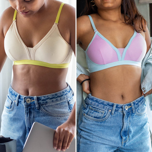 Two images of a person wearing different colored bras with jeans.