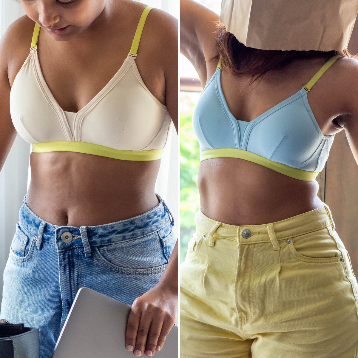 Two images of models wearing a Qiwion Mood bra in cream and light blue, both with neon adjustable straps and underband