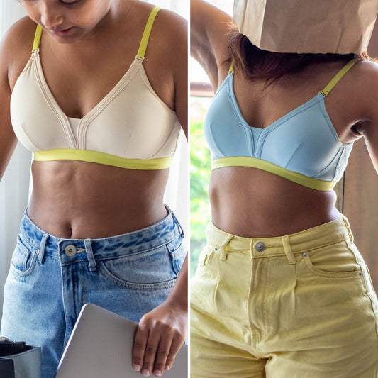 Two images of models wearing a Qiwion Mood bra in cream and light blue, both with neon adjustable straps and underband