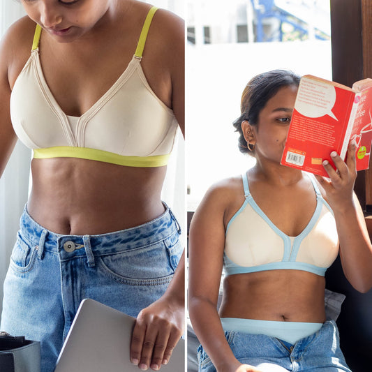 Two images of a person wearing a light cream bra with different colored bands, one holding a book and a laptop.