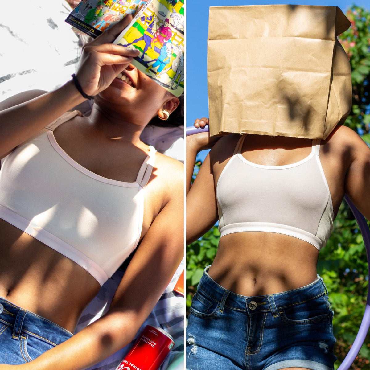 An image of two people wearing Qiwion Jumpstart bras in a light cream colour and a light grey colour with a pair of shorts