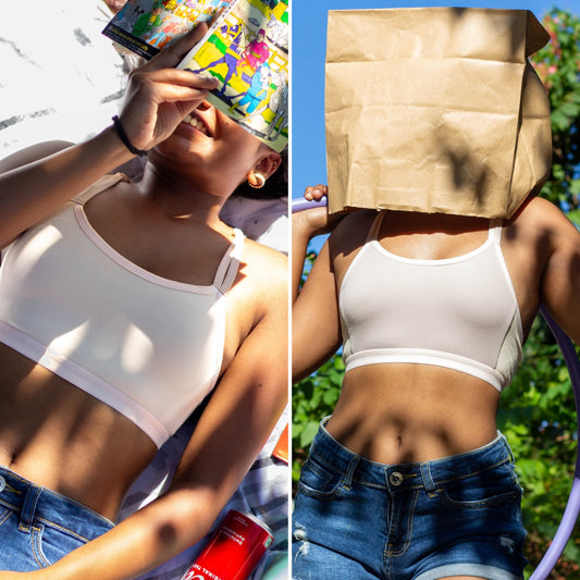 An image of two people wearing Qiwion Jumpstart bras in a light cream colour and a light grey colour with a pair of shorts