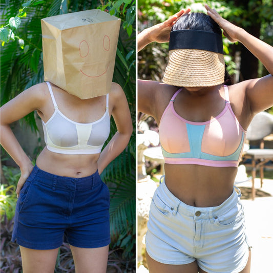 Two people wearing qiwion one and done bras and shorts outdoors with different head coverings.