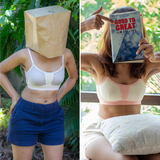 Two images of woman wearing qiwion bras in light grey and cream, and another in cream and light pink